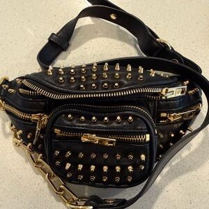 Alexander Wang Black Studded Leather Crossbody Belt Bag with Gold Hardware